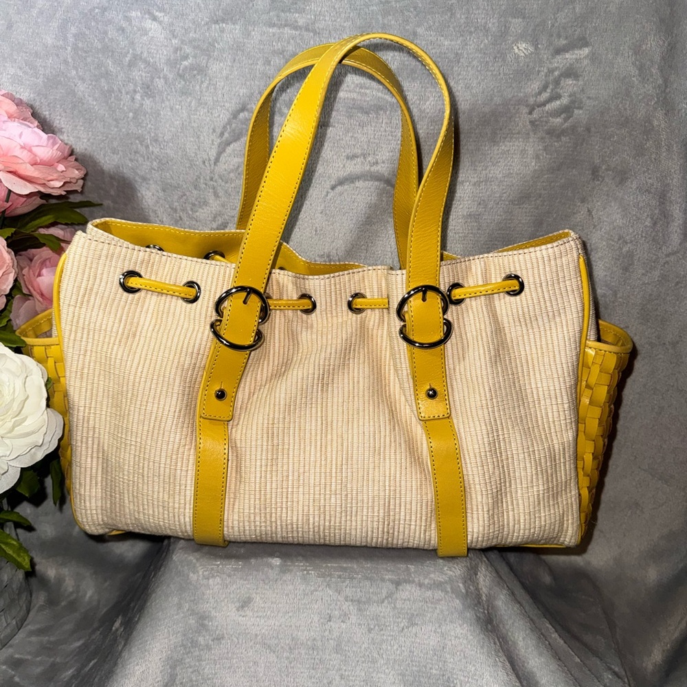 Vintage Kenneth Cole NY Yellow & Straw Drawstring Tote Bag